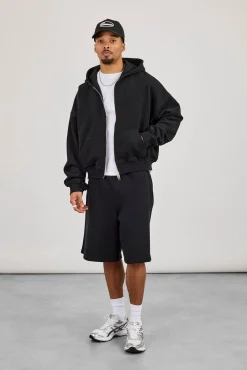 Zip Through Boxy Hoodie & Embroidered Jersey Jort - Black