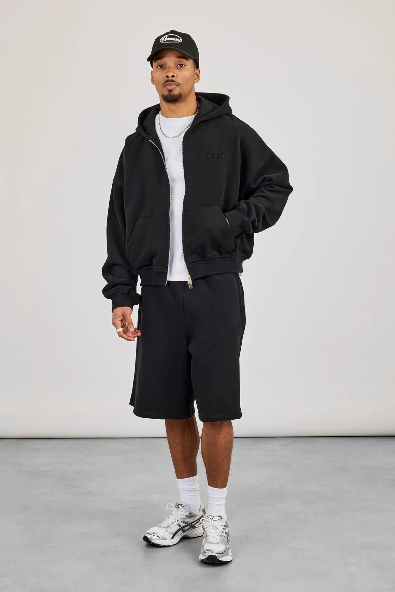 Zip Through Boxy Hoodie & Embroidered Jersey Jort - Black