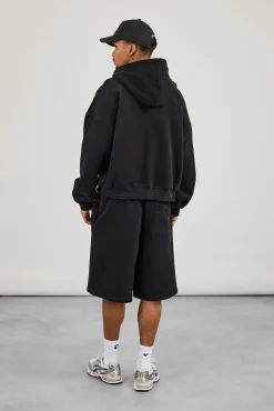 Zip Through Boxy Hoodie & Embroidered Jersey Jort - Black