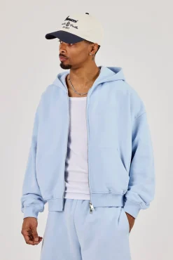 Zip Through Boxy Hoodie - Light Blue