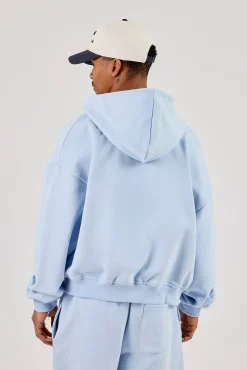 Zip Through Boxy Hoodie - Light Blue