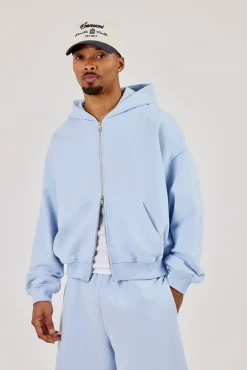 Zip Through Boxy Hoodie - Light Blue