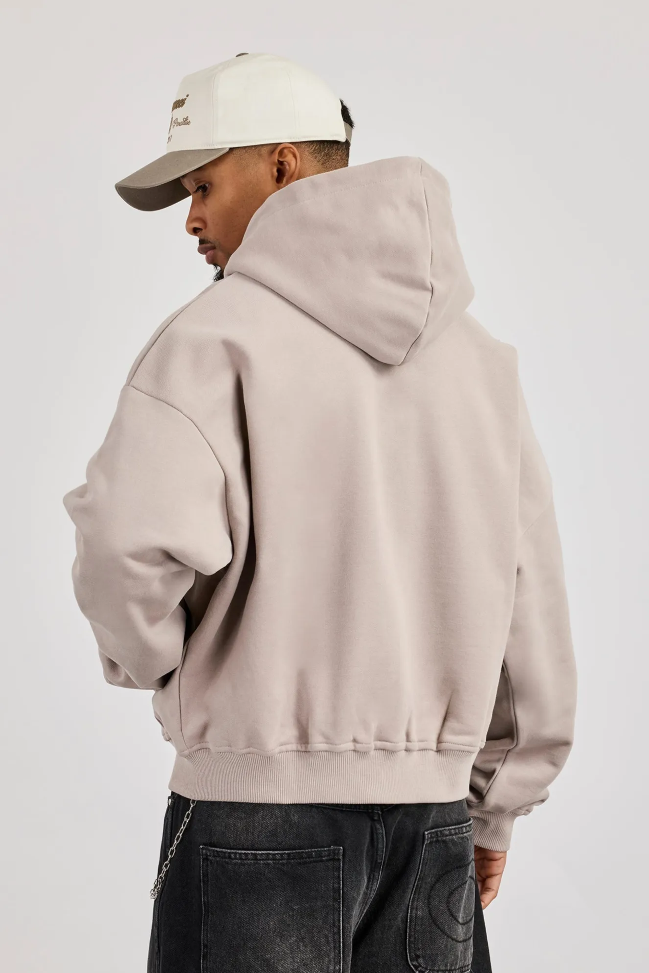 Zip Through Boxy Hoodie - Stone
