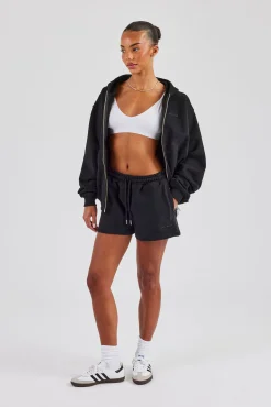 Zip Through Hoodie & Embroidered Short - Black
