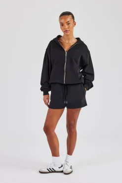 Zip Through Hoodie & Embroidered Short - Black